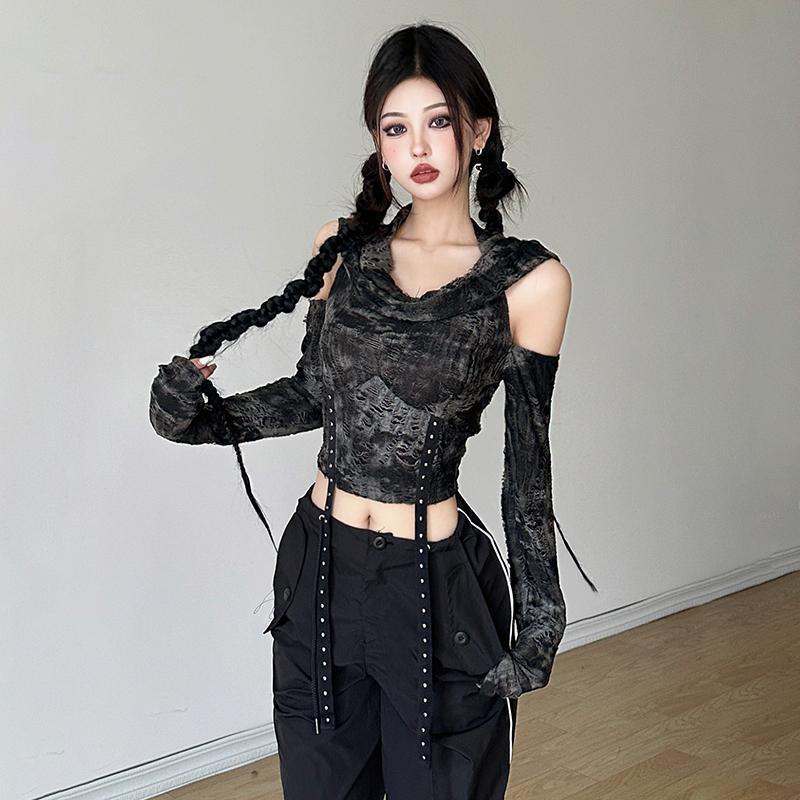 Blouse Off Shoulder - Omuzları Açık Kapüşonlu Uzun Kollu Tişört