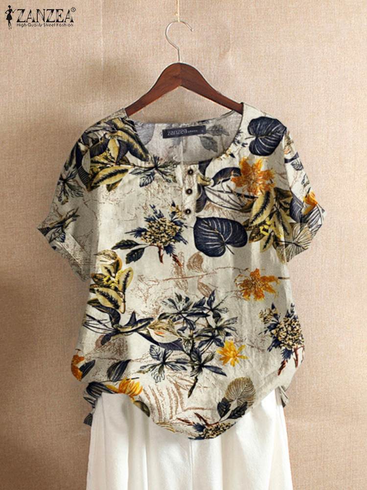 Romper Floral Print - ZANZEA Kadın Pamuklu Gömlek Moda Çiçek